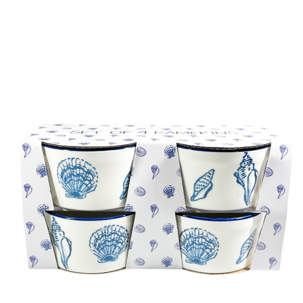 NEW Prima Design BLUE & WHITE COASTAL SEASHELL RAMEKIN Set/4
